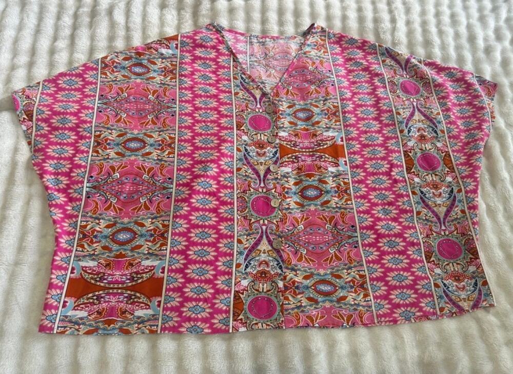 SHEIN Curve 4XL Pink, blue, and brown paisley print button-up top